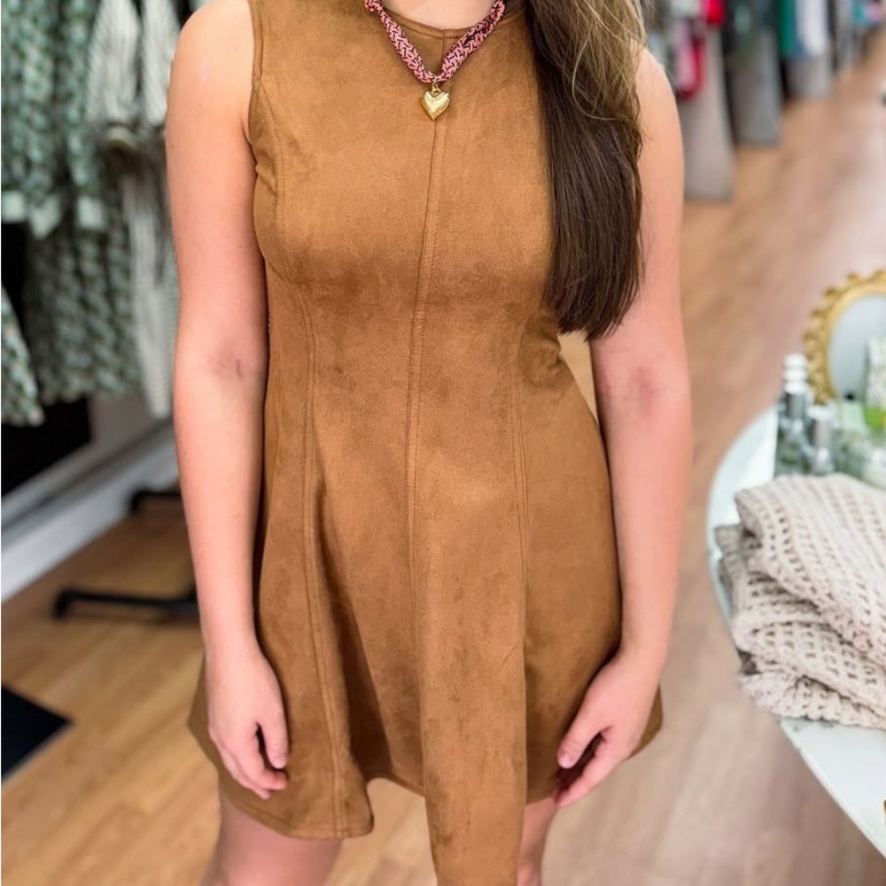 Sleeveless Suede-Look A-Line Dress in Camel